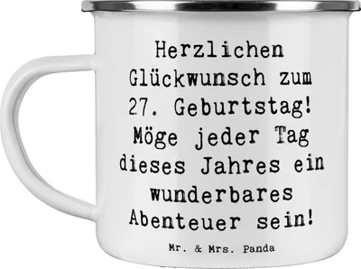 Produktbild von Mr. & Mrs. Panda Haferl Spruch 27. Geburtstag Abenteuer - Weiß - Geschenk, Alter, Happy Birthday, Kaffeepott, neues Kapitel, Blechtasse, Teetasse, besondere Geschenke