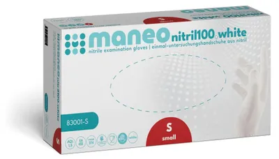 Image de MANEO Gants nitrile blanc S, non poudrés et confortables | Boîte (100 pièces)