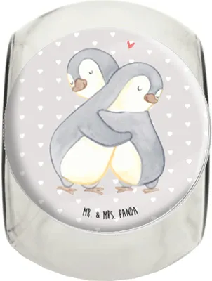 Produktbild von Mr. & Mrs. Panda Bonboniere Pinguine Kuscheln XL 2000ml - Grau Pastell - Geschenk, Frischhaltedose, für Partner, glasbehälter, Bonbonglas, Frauen, Freundin, Hochzeitstag