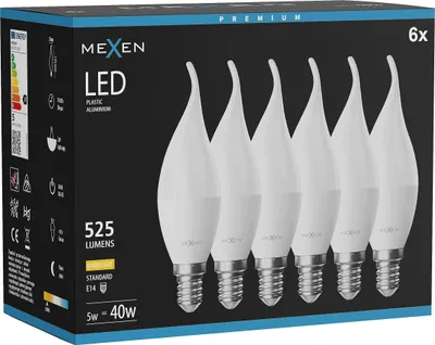 Obrázek produktu pro Mexen Nova 6x LED žárovka plamen E14, C37, 5W, Teplá - 3000K, 525 lm - L106-E14-0530-01x06
