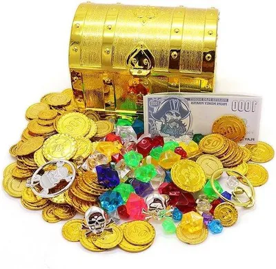 Produktbild von Kinder-Schatkist mit Schloss und Schlüssel - Spielzeugkiste 14 x 11 x 10 cm - 120 Goldmünzen und 100 Gramm Diamanten