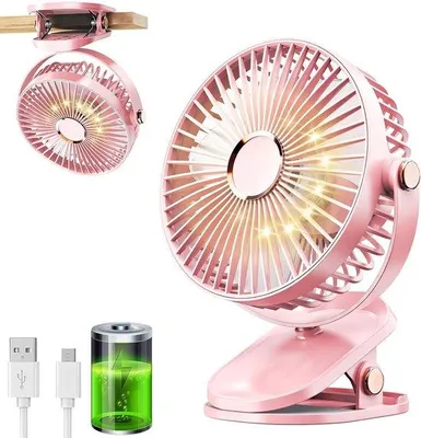 Image de Ventilateur USB - 5 vitesses avec éclairage - Ventilateur à clip avec LED - Ventilateur à clip - Ventilateur de table - Mini ventilateur silencieux - Ventilateur sans fil - Petit, silencieux et discret - Rotation à 360° - 1200 mAh - Pour la maison, le bureau, la poussette, le camping