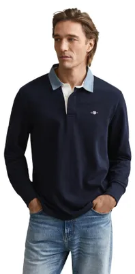 Image de Polo à manches longues GANT Regular en chambray épais Rugger, bleu, XXL