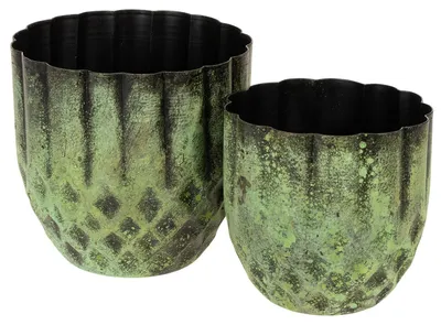 Produktbild von 2er-Set Vintage Blumentopf Grün aus Metall Ø14/12cm - Dekorative Übertöpfe für künstliche Pflanzen & Deko