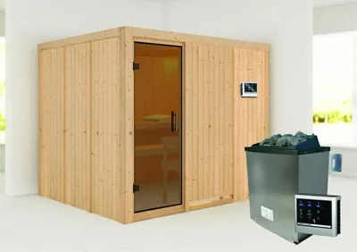 Produktbild von Karibu Sauna Innensauna Gobin Fronteinstieg Ofen 9 KW externe Strg easy 231x196x198 cm ohne Dachkranz mit Graphittür