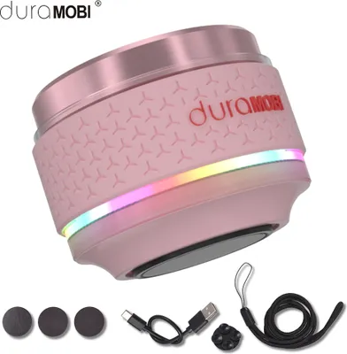 A pink wireless speaker with LED lights and accessories.