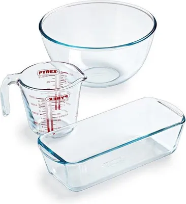 Produktbild von Backzubehör-Set 05L Glas Messbecher 2L Schüssel Kuchenform Borosilicatglas kratzfest