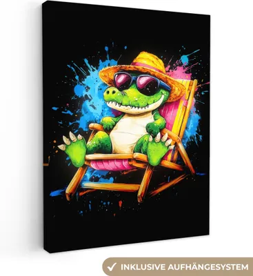 Produktbild von MuchoWow® - Leinwandbilder - Graffiti - Sommer - Krokodil - Lustig, Wandbild, Wanddeko Bilder Wohnzimmer, 60x80 cm