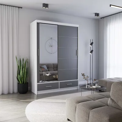 Image de Armoire à portes coulissantes Armoire 150 cm blanc/gris mat avec miroir Florence