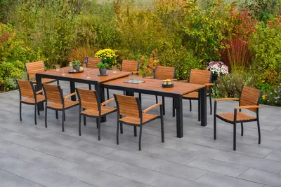 Produktbild von Merxx Gartenmöbel Set Santorin 11tlg., 10 Klappsessel, Flex Ausziehtisch 180 (180) x 100 (83) x 80 (74) cm- Aluminium/Akazie