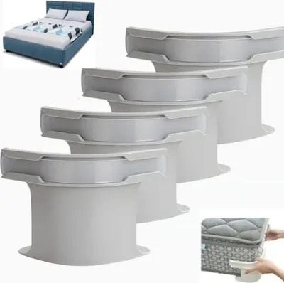 A collage of product images showing a bed, multiple bed sheet holders, and a close-up of a bed sheet holder being attached to a mattress.