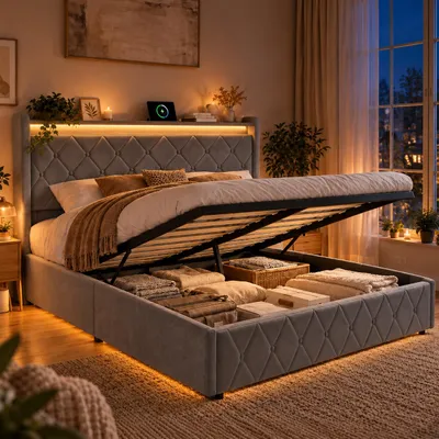 Productafbeelding van INONEFT Boxspringbed met opbergruimte, 140x200 cm, met LED-verlichting en USB-aansluiting, tienerbed met hydraulische opbergruimte, bedframe met lattenbodem, fluweel, grijs