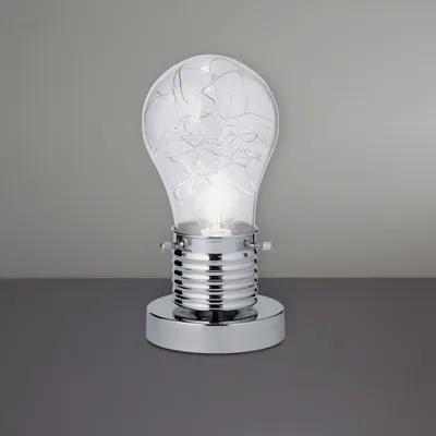 A clear, studio-shot image of a table lamp shaped like a lightbulb.