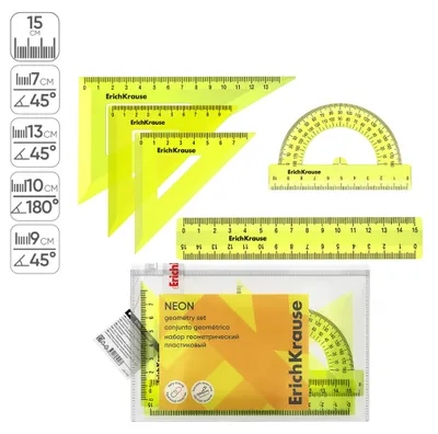 Obrázek produktu pro Geometrie, sada 5 ks: pravítko, trojúhelník, úhloměr, průhledné, neonově žluté