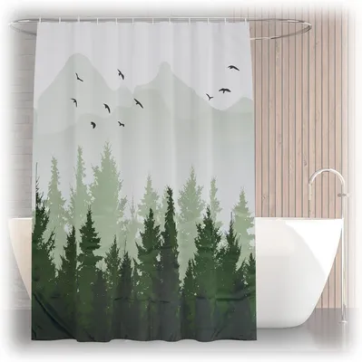 Productafbeelding van Douchegordijn dennenbos - Badgordijn 180x200 - Anti-schimmel - Wasbaar - 12 ringen - Badkamer gordijn - Meerkleurig