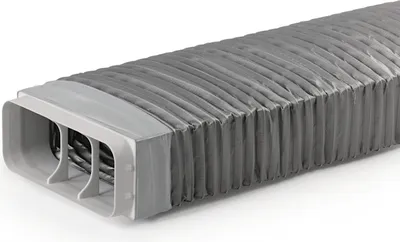 A close-up, studio shot of a flexible duct with a rectangular connector.