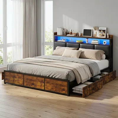 Produktbild von INONEFT 160 × 200 cm Bett mit Stauraum, Doppelbett, gepolstertes Bett mit vier Schubladen, Kopfteil mit Stauraum und LED-Beleuchtung, PU