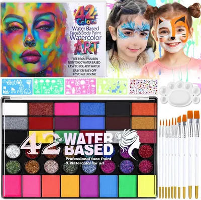 Productafbeelding van Kindermake-up set met 42 kleuren, 10 kwasten, 4 sjablonen voor tatoeages, glitters, geschikt voor carnaval