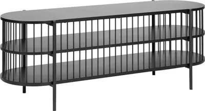 Produktbild von BELIANI TV-Möbel Schwarz MDF-Platte mit Metallbeinen 2 Ablagefächer Oval Niedrig Schmal Offen Gitter-Optik 140 x 44 cm Retro Wohnzimmer TV-Lowboard
