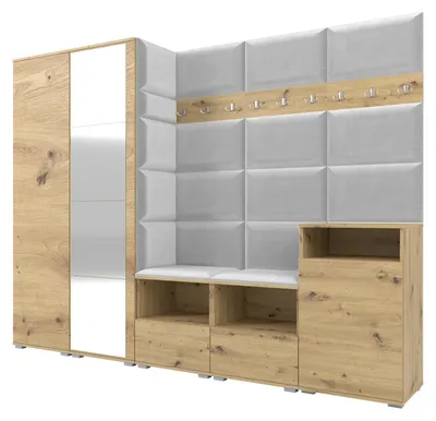 Produktbild von Garderobe NELA VIII 250 cm Modulare Flurmöbel Artisan Eiche mit Spiegel & Sitzpolster Hellgrau 32 (Set XL)