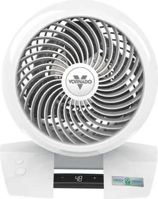 A white Vornado desk fan with controls and a digital display.