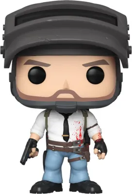 A Funko Pop! vinyl figure of a character from the game PUBG, wearing a helmet, white shirt with blood splatters, blue pants, and holding a gun.