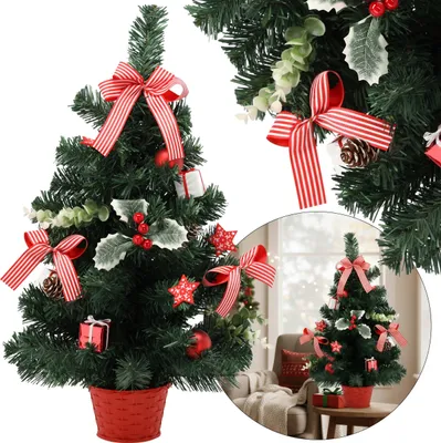 A collage of images showing a decorated artificial Christmas tree in a red pot, with close-ups of its decorations and a lifestyle shot of a similar tree in a room setting.