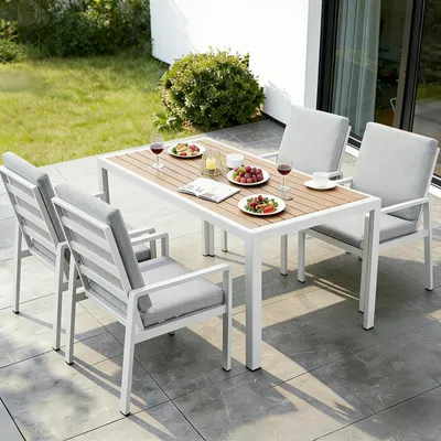 Produktbild von MeXo Gartenmöbel-Sets Essgruppe mit dicke Kissen & Großer Esstisch für 4 Personen, Outdoor Indoor, Balkon/Garten/Terrasse(Sitzgruppe, Aluminiumrahmen)