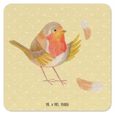 Produktbild von Mr. & Mrs. Panda Tassenuntersetzer Rotkehlchen Federn 50er Set - Gelb Pastell - Geschenk, fliegen, Spruch Mut, Lustige Sprüche, gläseruntersetzer, Bierfilzl, Vogel
