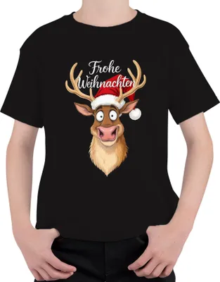 Produktbild von Frohe Weihnachten Lustiges Rentier Weihnachtsmütze Cartoon Humor Uni Kinder T-Shirt, Schwarz, 128