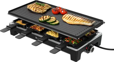 Produktbild von KitchenBrothers Gourmet-Set - 1500W - Raclette-Grill 8 Personen - Set mit Pfännchen und Schabern - 46,5 x 23 cm - Schwarz