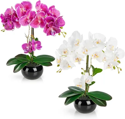 Productafbeelding van Kunstorchideeën Set - Decoratieve Bloemen - Woonkamer Decoratie - Echt Keramiek - 40 cm - Wit-Roze