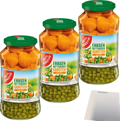 Produktbild von Gut & Günstig Erbsen mit Pariser Karotten sehr fein sortiert 3er Pack (3x660g Glas) + usy Block
