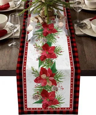 Produktbild von Weihnachtstischdecke, rote Blumen, Tannenzapfen, 33x183cm, Winterdeko