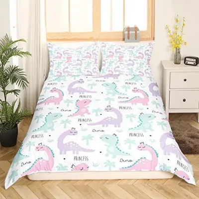 Productafbeelding van Beddengoedset voor kinderen, meisjes, met dinosaurusmotief, roze en paars, 200x200 cm, 2 kussenslopen van 80x80 cm, microvezel