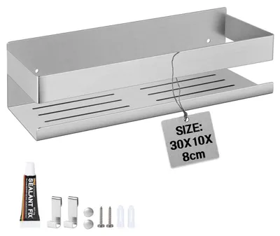 Produktbild von Duschablage ohne Bohren 30cm Edelstahl Gebürstet Silber mit 2 Haken