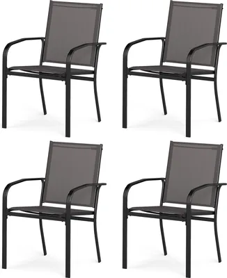 Produktbild von KOMFOTTEU Set mit 2 stapelbaren Gartenstühlen, Outdoor-Stühle aus Textilene mit Metallrahmen, Esszimmerstuhl mit hoher Rückenlehne und Armlehnen, Belastung 150 kg, 58 x 61 x 89 cm, Grau (4)
