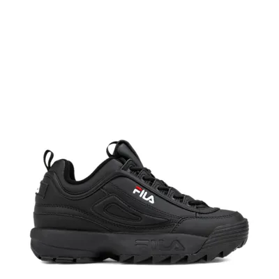 A black Fila sneaker is shown against a white background.