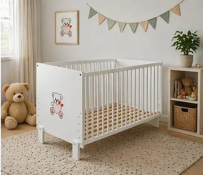 Produktbild von Baby Happy Bliss PAULA Babybett 120x60 cm – massives Buchenholz – 3 Höhen – EN 716 – Weiß mit rotem Herz