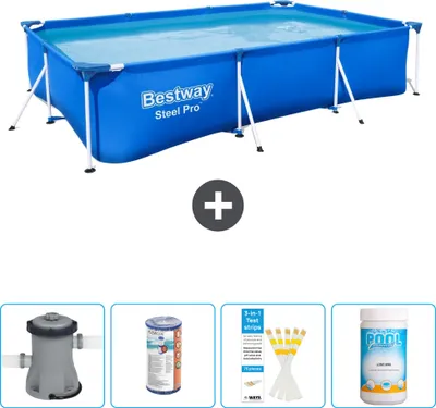 Produktbild von Bestway Rectangular Steel Pro Swimmingpool – 300 x 201 x 66 cm – Blau – inklusive Pumpe Filter - Teststreifen - Chlor