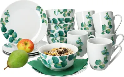 Obrázek produktu pro Eukalyptus 18dílná snídaňová sada porcelán 6 osob talíř hrnek miska list