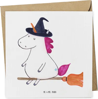 Produktbild von Mr. & Mrs. Panda Klappkarte Einhorn Hexe - Weiß - Geschenk, Unicorn, doppelkarte, Frau, faltkarte, Grußkarte, Einhörner, Engel, anlasskarte, Glückwunschkarte, Teufel