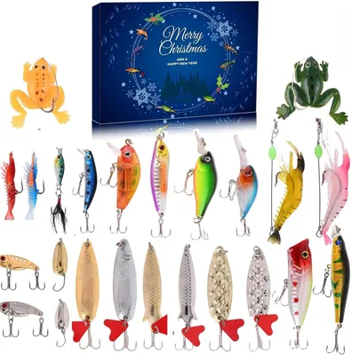 Produktbild von Angel-Adventskalender – 24 Tage – Angelzubehör – Kunstköder – 24 Fächer – Weihnachtsgeschenk für Angler – Zubehörset für Raubfischangler
