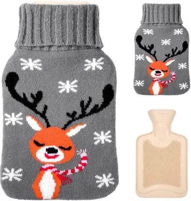 Immagine prodotto di Borsa termica Unyqoos® da 800 ml in gomma con rivestimento in maglia (fiocchi di neve e cervo) – a prova di perdite, per terapia del caldo e del freddo per alleviare il dolore