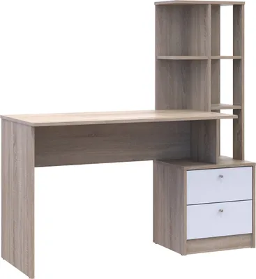 A desk with shelves and drawers against a white background.