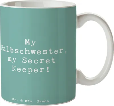 Produktbild von Mr. & Mrs. Panda Kaffeetasse Spruch Halbschwester Geheimnishüter - Meeresbrise - Geschenk, Vertraute, Familienbeziehung, Dankeschön, Becher, Lächeln, Kaffeebecher, Tasse