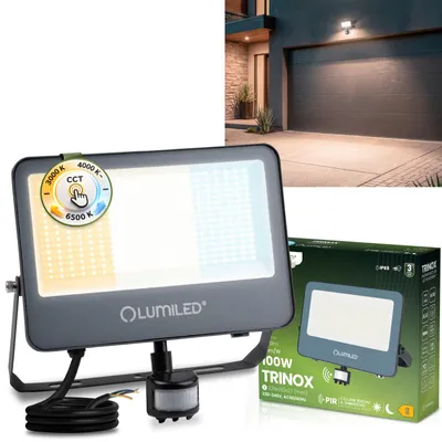 Produktbild von LUMILED LED Strahler Außen 100W 11000lm CCT 3000K 4000K 6500K mit Bewegungsmelder Dämmerungssensor IP65 Wasserdicht Fluter Außenstrahler Garten Garage Hof Wandstrahler Aluminium Grau Scheinwerfer Flutlichter schwarz Flutlichtstrahler