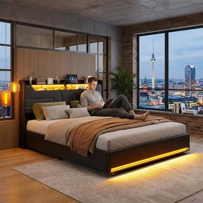 Obrázek produktu pro Dvoulůžko ProximaX 140 × 190 cm, černé PU, hydraulický úložný prostor, čelo s úložným prostorem, RGB LED osvětlení, nabíjecí stanice EU