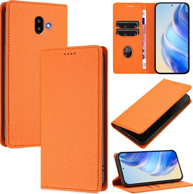 Obrázek produktu pro Kožené pouzdro pro Samsung Galaxy J6+/J6 Plus, Litschi kůže, peněženkové pouzdro s přihrádkami na karty a stojánkem Pomerančový