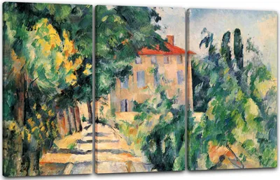 Produktbild von Leinwandbild 3-teilig (120x80cm): Paul Cézanne - Haus mit rotem Dach, echter Holz-Keilrahmen inkl. Aufhänger, handgefertigt in Deutschland